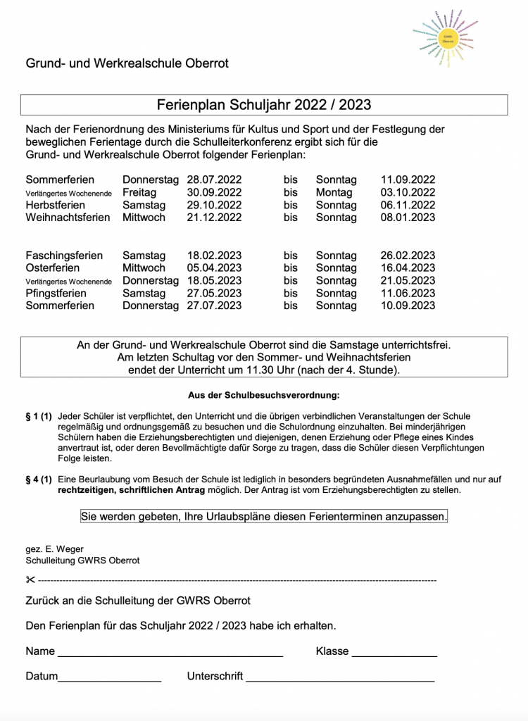 Ferienplan 22/23 - GWRS Oberrot