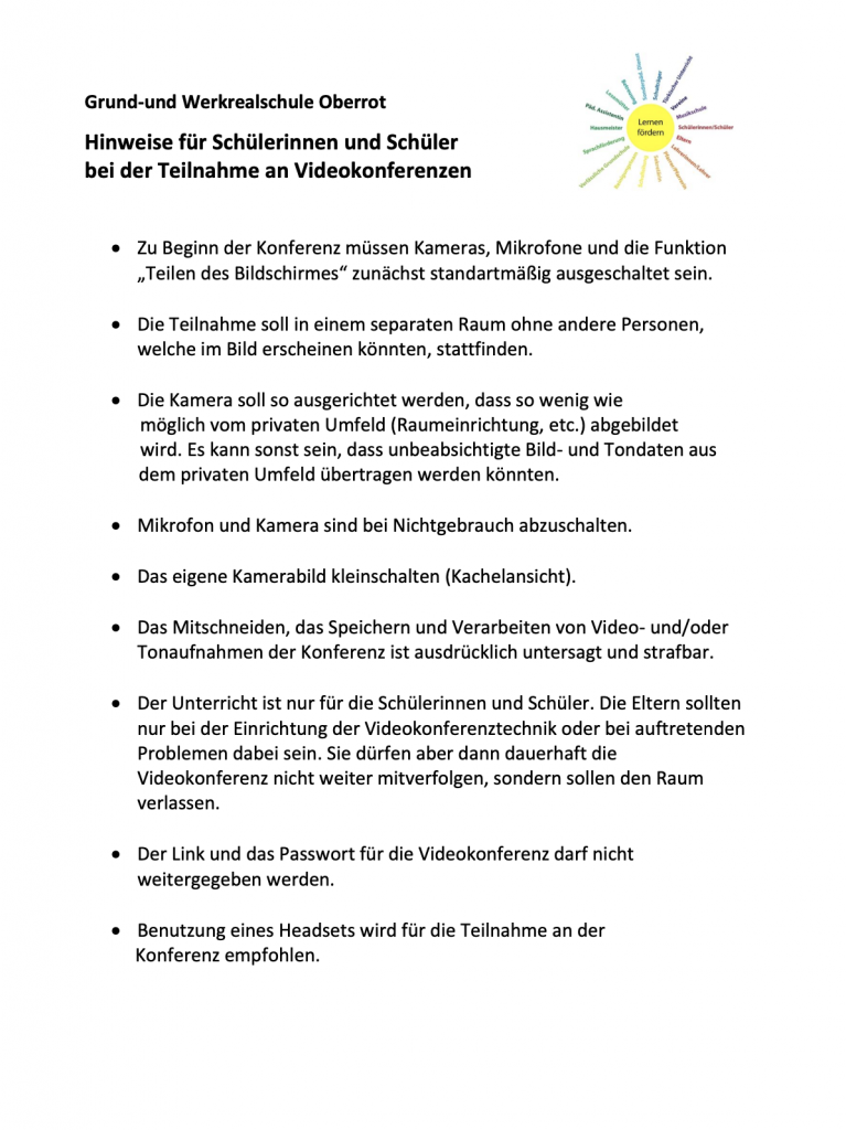 Hinweise für Schüler bei Videokonferenzen - GWRS Oberrot
