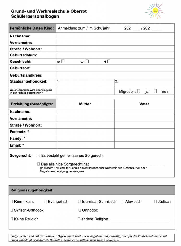 Schulanmeldebogen der GWRS Oberrot